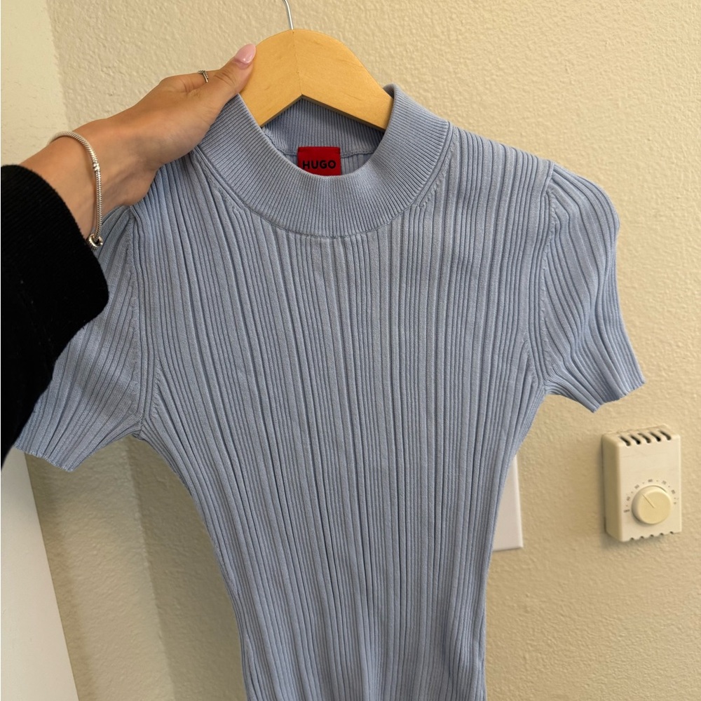 HUGO Blue Ribbed Short Sleeve Blouse with Mandarin Collar
